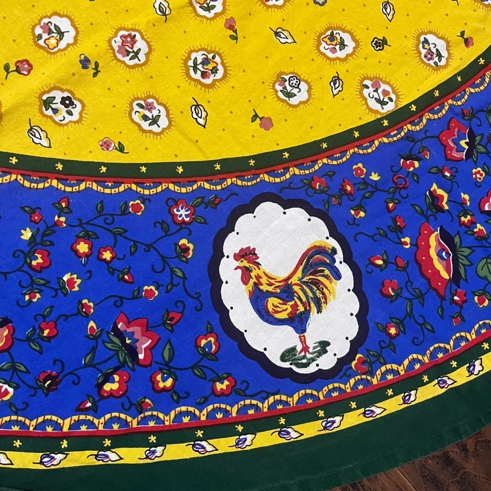 Vtg French Country Rooster Floral Oblong Tablecloth Yellow Blue Green 62x80